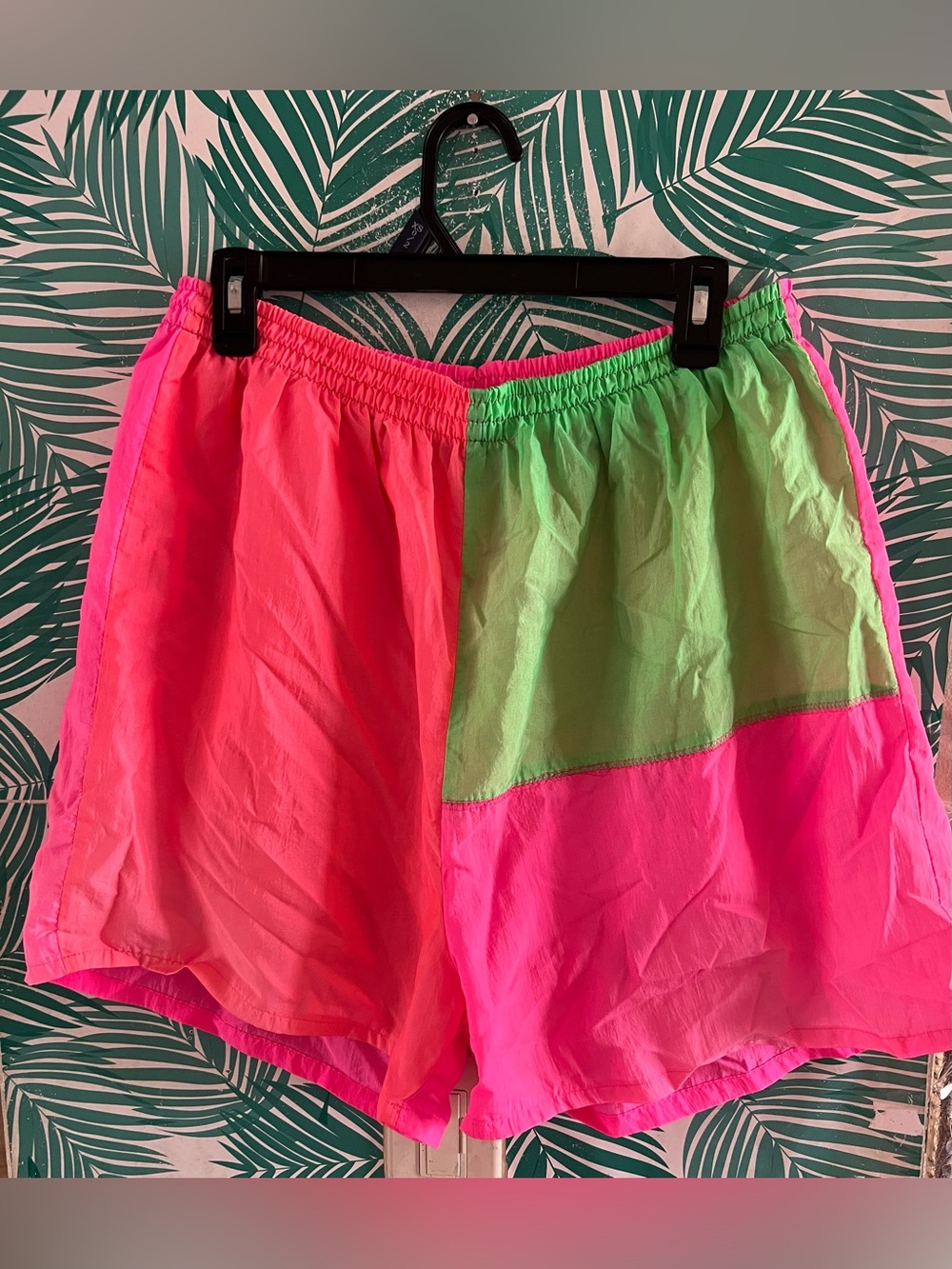 Vintage 90’s Stefano Neon Colorblock Elastic-Waist Shorts -Pink & Green 14/16